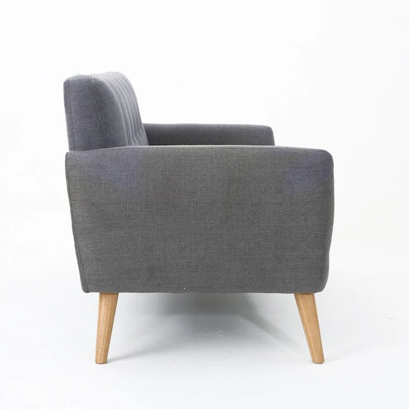 Causeuse de style mid-century orange brûlé / gris foncé / bleu avec dossier capitonné et pieds en bois – 2 places