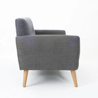Causeuse de style mid-century orange brûlé / gris foncé / bleu avec dossier capitonné et pieds en bois – 2 places