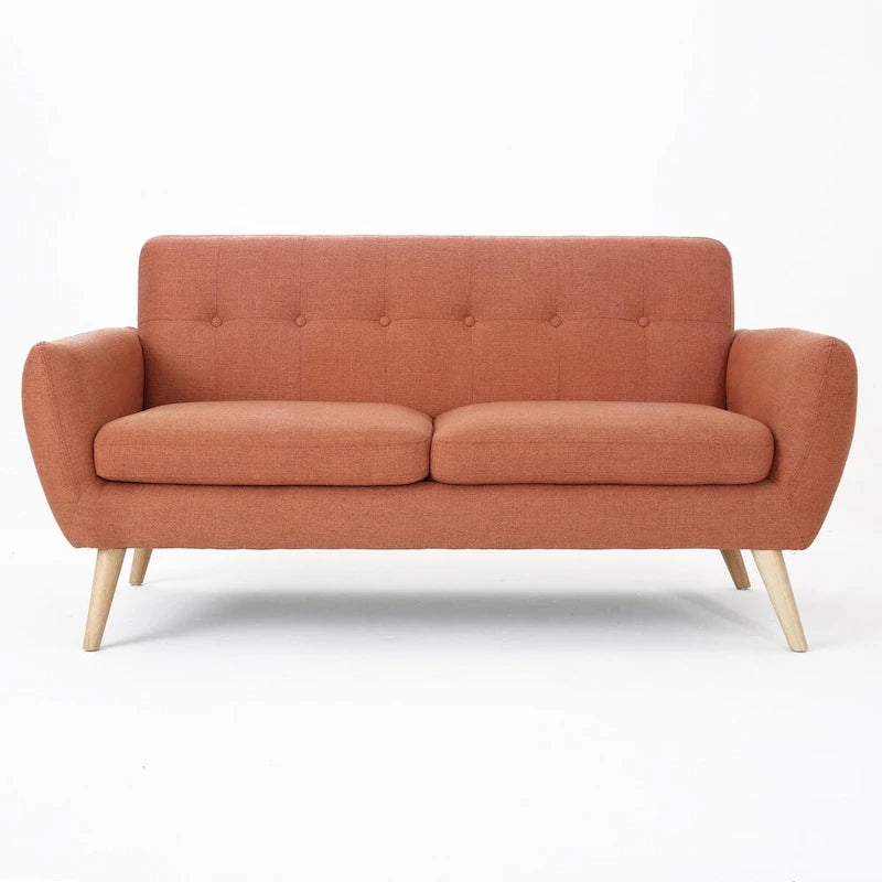 Causeuse de style mid-century orange brûlé / gris foncé / bleu avec dossier capitonné et pieds en bois – 2 places
