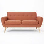 Causeuse de style mid-century orange brûlé / gris foncé / bleu avec dossier capitonné et pieds en bois – 2 places
