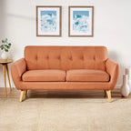 Causeuse de style mid-century orange brûlé / gris foncé / bleu avec dossier capitonné et pieds en bois – 2 places