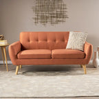 Causeuse de style mid-century orange brûlé / gris foncé / bleu avec dossier capitonné et pieds en bois – 2 places