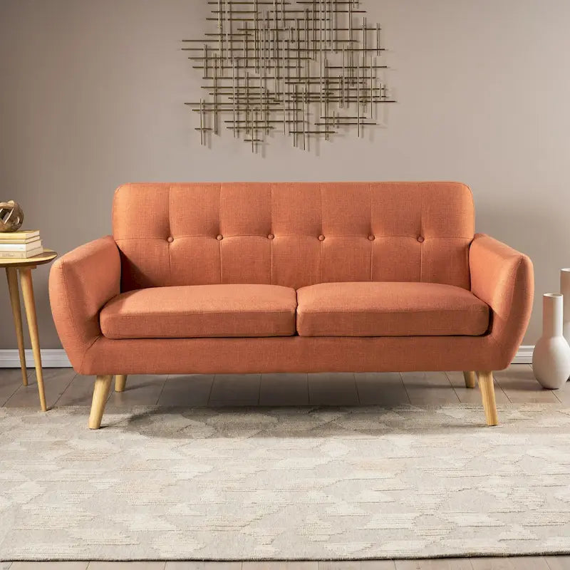 Causeuse de style mid-century orange brûlé / gris foncé / bleu avec dossier capitonné et pieds en bois – 2 places