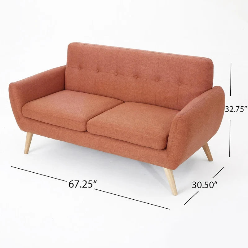 Causeuse de style mid-century orange brûlé / gris foncé / bleu avec dossier capitonné et pieds en bois – 2 places