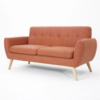 Causeuse de style mid-century orange brûlé / gris foncé / bleu avec dossier capitonné et pieds en bois – 2 places