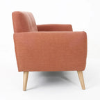 Causeuse de style mid-century orange brûlé / gris foncé / bleu avec dossier capitonné et pieds en bois – 2 places