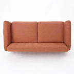Causeuse de style mid-century orange brûlé / gris foncé / bleu avec dossier capitonné et pieds en bois – 2 places