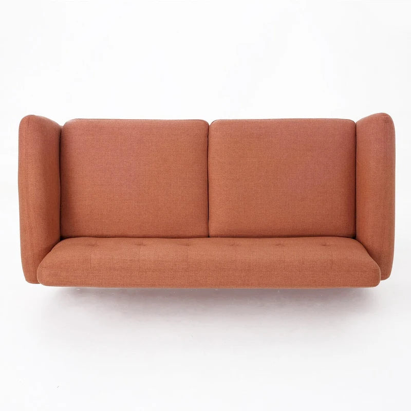 Causeuse de style mid-century orange brûlé / gris foncé / bleu avec dossier capitonné et pieds en bois – 2 places