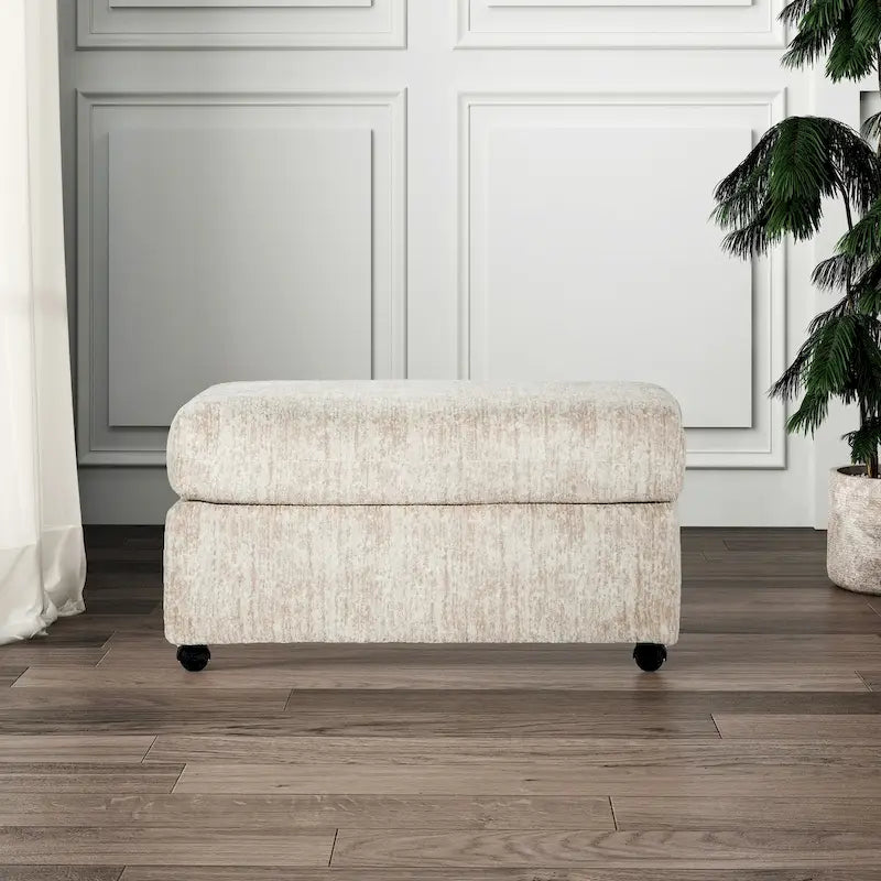 Ottoman rectangulaire en tissu parchemin/charbon de bois avec roulettes – Simple