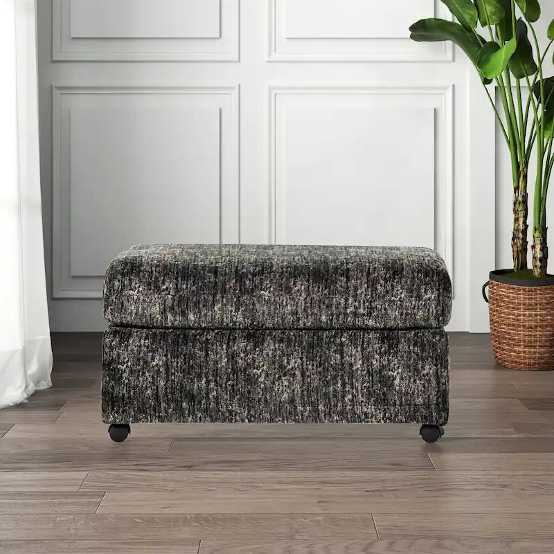 Ottoman rectangulaire en tissu parchemin/charbon de bois avec roulettes – Simple