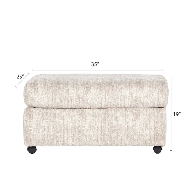 Ottoman rectangulaire en tissu parchemin/charbon de bois avec roulettes – Simple