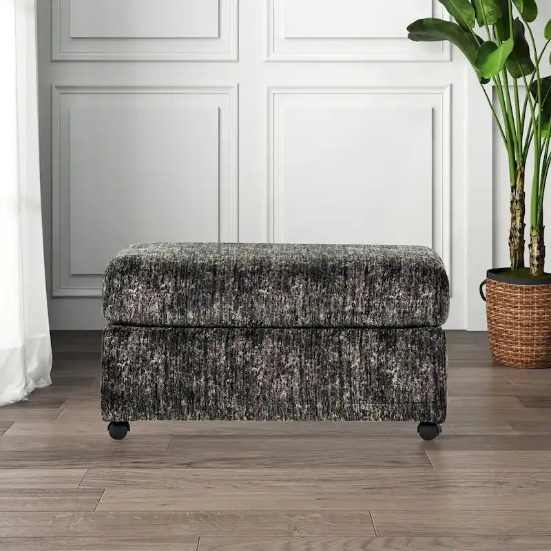 Ottoman rectangulaire en tissu parchemin/charbon de bois avec roulettes – Simple