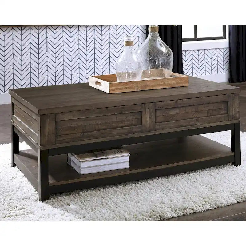 Table basse relevable rectangulaire en placage brun avec finition vieillie bicolore – Simple
