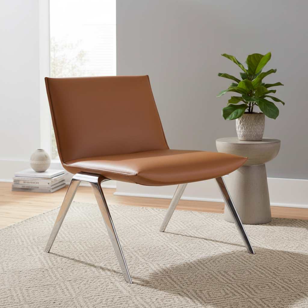 Chaise d'appoint en cuir vegan camel avec cadre en aluminium chromé – À l'unité
