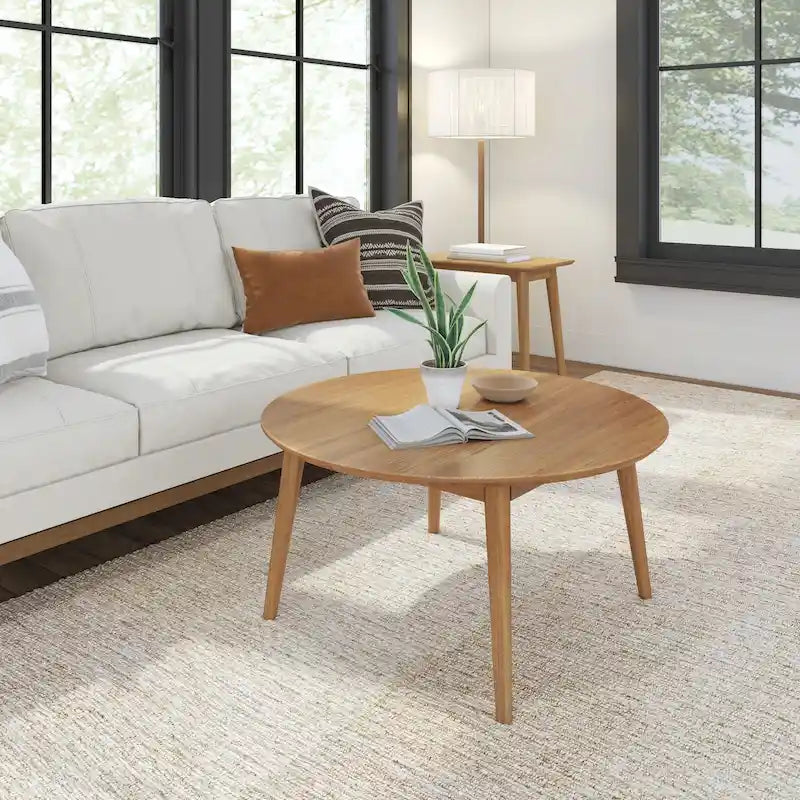 Table basse ronde noyer / pacanier / noire style Mid-Century avec pieds coniques en pin – 91 cm