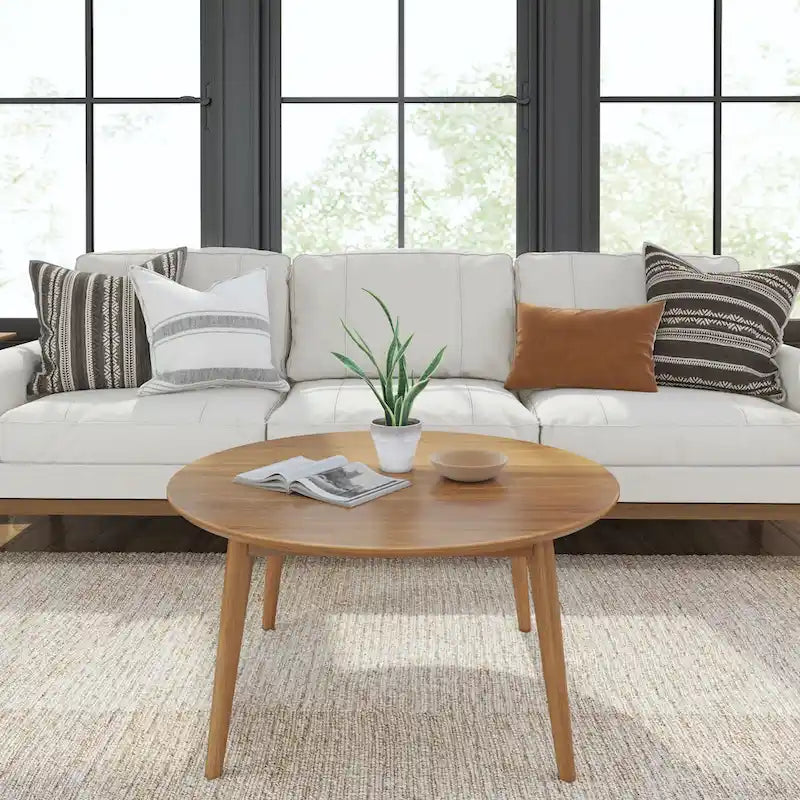 Table basse ronde noyer / pacanier / noire style Mid-Century avec pieds coniques en pin – 91 cm