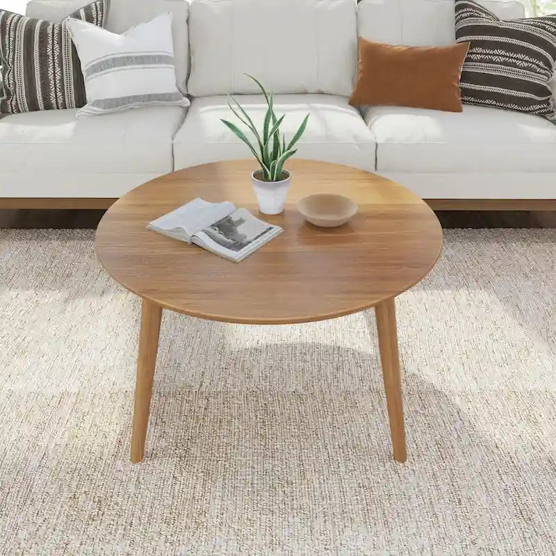 Table basse ronde noyer / pacanier / noire style Mid-Century avec pieds coniques en pin – 91 cm