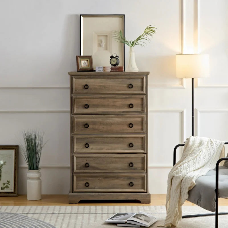 Commode haute à 6 tiroirs, gris délavé/blanc – Simple