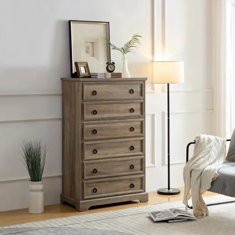 Commode haute à 6 tiroirs, gris délavé/blanc – Simple