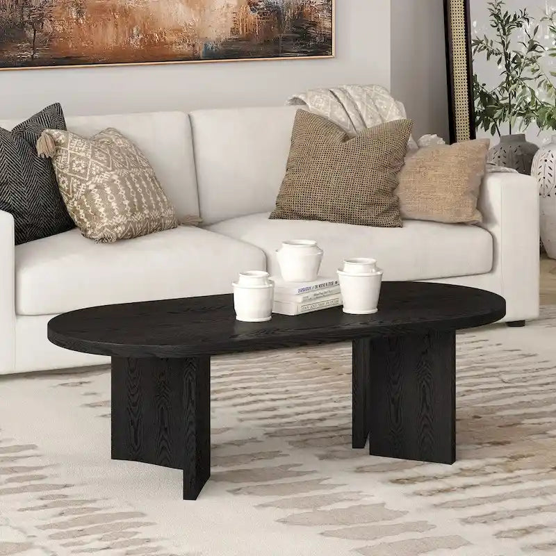 Table basse ovale avec pieds inclinés Chêne noir grainé / Blanc aulne / Gris vieilli – 122 cm