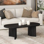 Table basse ovale avec pieds inclinés Chêne noir grainé / Blanc aulne / Gris vieilli – 122 cm