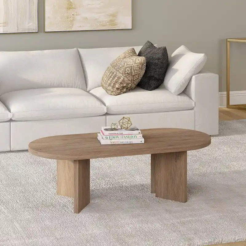 Table basse ovale avec pieds inclinés Chêne noir grainé / Blanc aulne / Gris vieilli – 122 cm