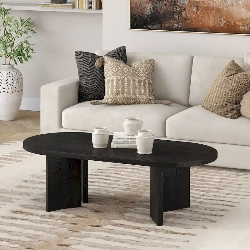 Table basse ovale avec pieds inclinés Chêne noir grainé / Blanc aulne / Gris vieilli – 122 cm