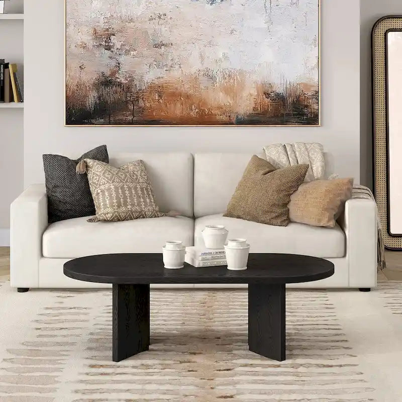 Table basse ovale avec pieds inclinés Chêne noir grainé / Blanc aulne / Gris vieilli – 122 cm