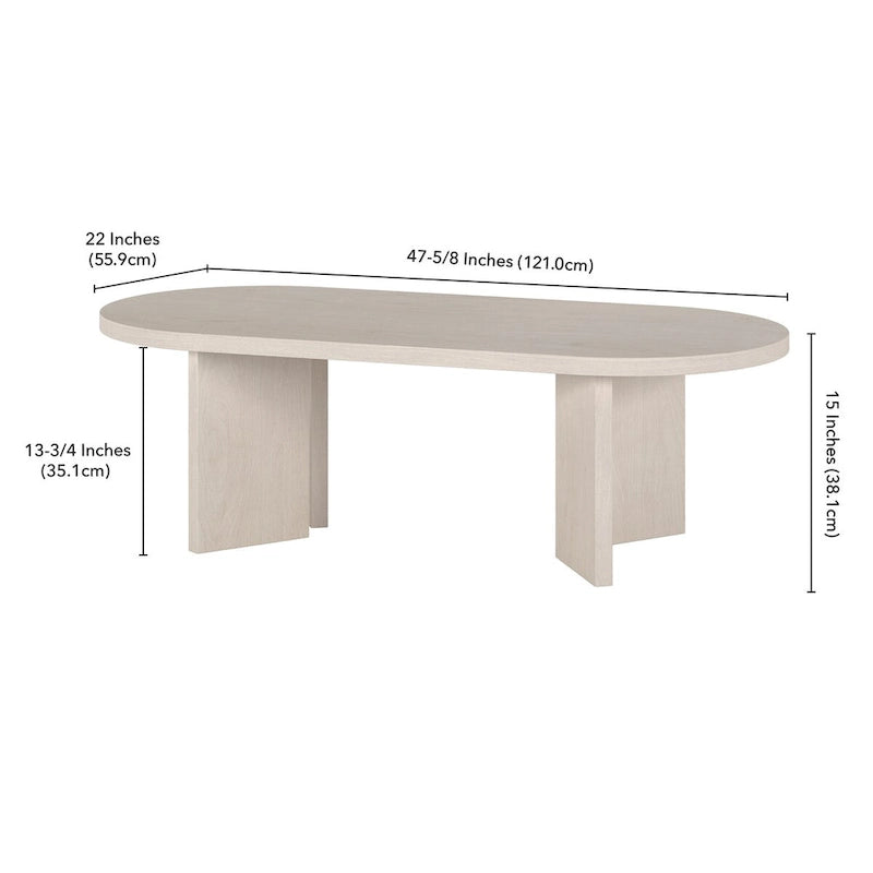 Table basse ovale avec pieds inclinés Chêne noir grainé / Blanc aulne / Gris vieilli – 122 cm