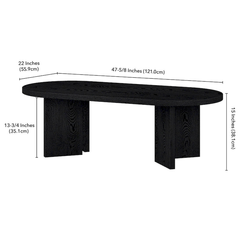 Table basse ovale avec pieds inclinés Chêne noir grainé / Blanc aulne / Gris vieilli – 122 cm