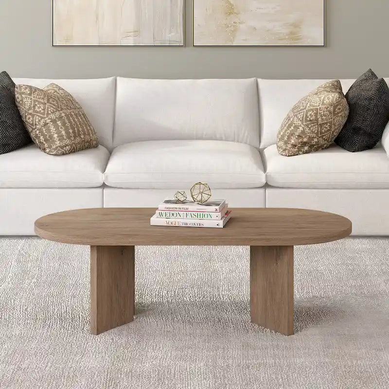 Table basse ovale avec pieds inclinés Chêne noir grainé / Blanc aulne / Gris vieilli – 122 cm