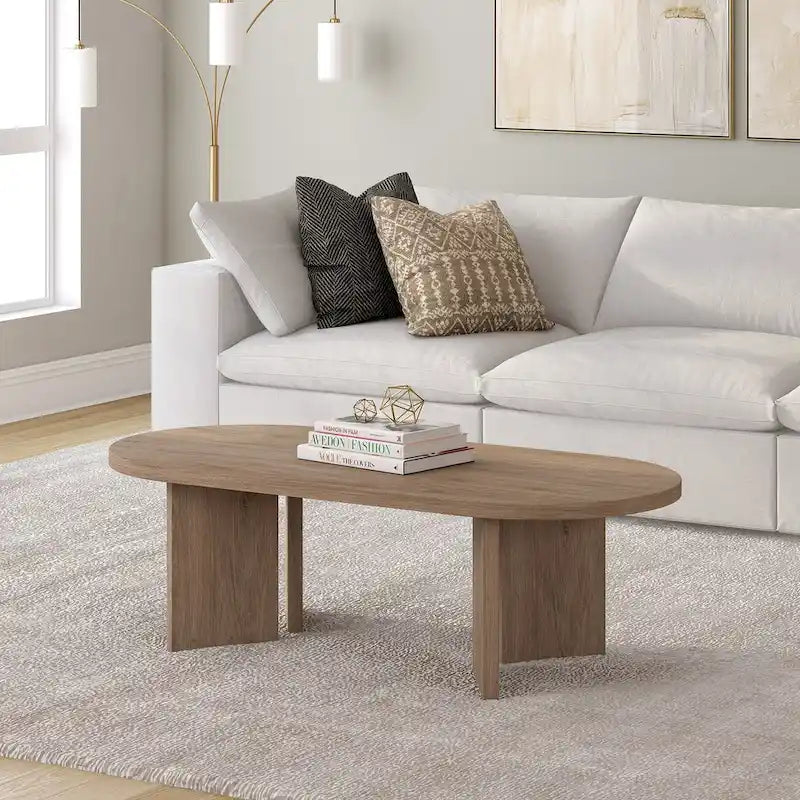Table basse ovale avec pieds inclinés Chêne noir grainé / Blanc aulne / Gris vieilli – 122 cm