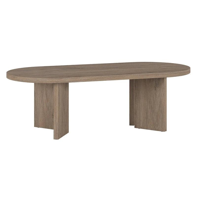 Table basse ovale avec pieds inclinés Chêne noir grainé / Blanc aulne / Gris vieilli – 122 cm
