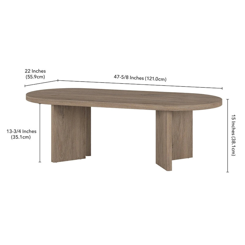 Table basse ovale avec pieds inclinés Chêne noir grainé / Blanc aulne / Gris vieilli – 122 cm