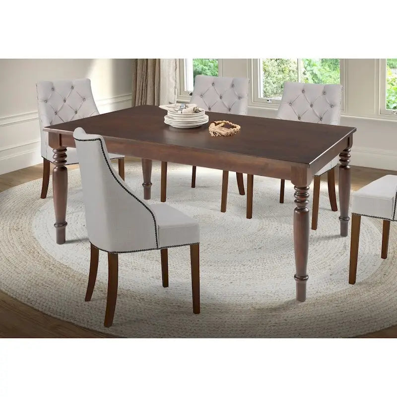 Table de salle à manger de style rustique en pin massif Sahara / Mahogany vieilli avec pieds tournés – 6 places