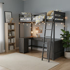 Full Size Loft Bed with U-shaped Desk, Drawers and Storage Shelves