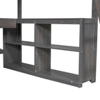Lit mezzanine en pin pleine grandeur blanc/brun antique avec bureau en U, 2 tiroirs et étagères de rangement – Simple