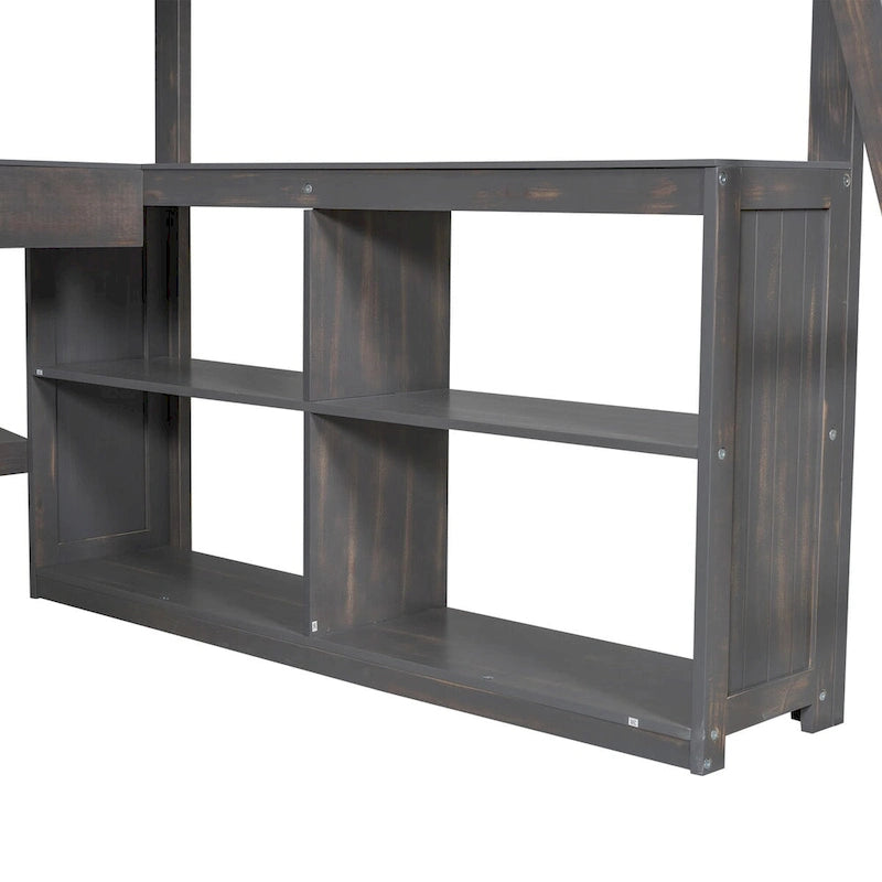 Lit mezzanine en pin pleine grandeur blanc/brun antique avec bureau en U, 2 tiroirs et étagères de rangement – Simple