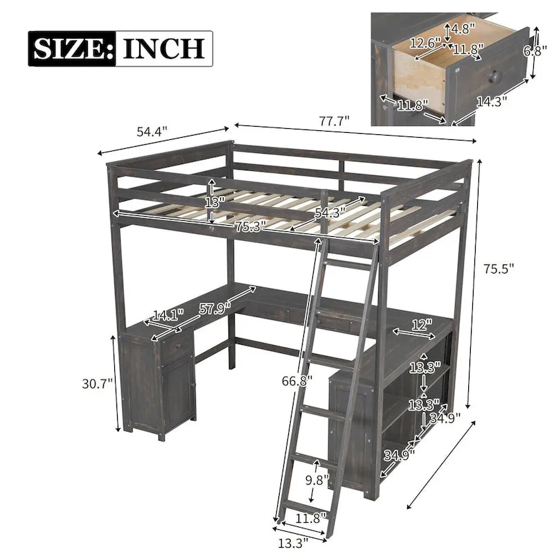 Lit mezzanine en pin pleine grandeur blanc/brun antique avec bureau en U, 2 tiroirs et étagères de rangement – Simple