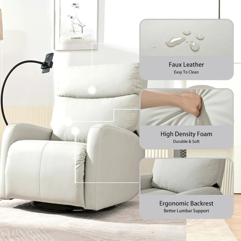 Fauteuil inclinable et pivotant en similicuir gris clair avec repose-pieds rétractable – Monoplace