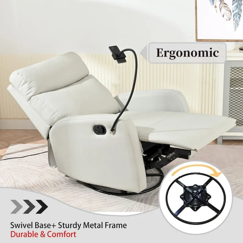 Fauteuil inclinable et pivotant en similicuir gris clair avec repose-pieds rétractable – Monoplace