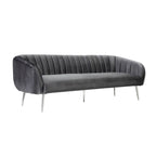 Canapé gris en velours, capitonnage vertical, pieds argentés – 3 places, 188 cm (L)