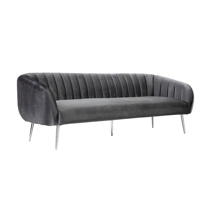 Canapé gris en velours, capitonnage vertical, pieds argentés – 3 places, 188 cm (L)