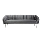 Canapé gris en velours, capitonnage vertical, pieds argentés – 3 places, 188 cm (L)