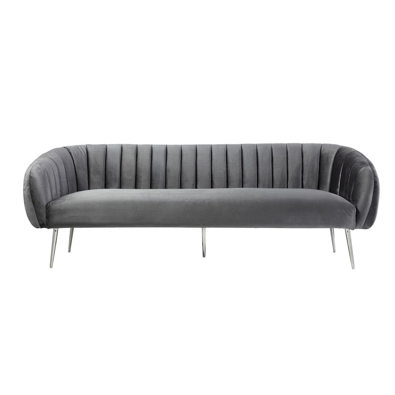 Canapé gris en velours, capitonnage vertical, pieds argentés – 3 places, 188 cm (L)