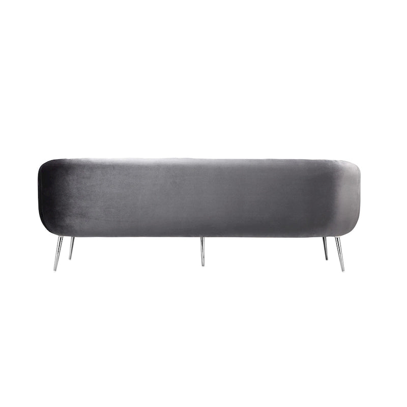 Canapé gris en velours, capitonnage vertical, pieds argentés – 3 places, 188 cm (L)