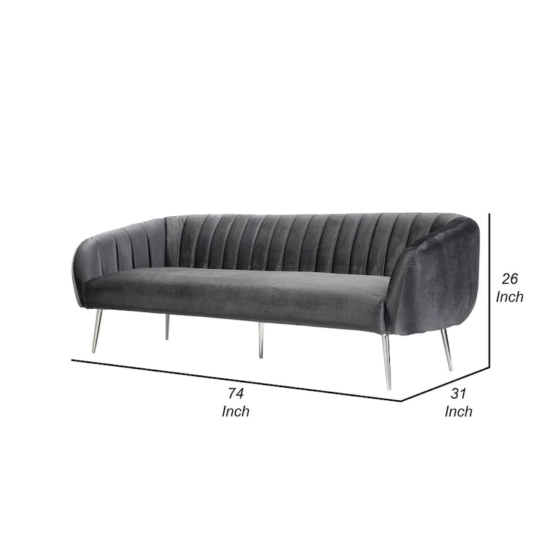 Canapé gris en velours, capitonnage vertical, pieds argentés – 3 places, 188 cm (L)