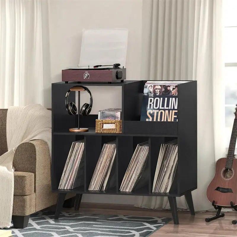 Meuble tourne-disque avec rangement pour vinyles en noir / noyer / marron / blanc / bois naturel – Simple