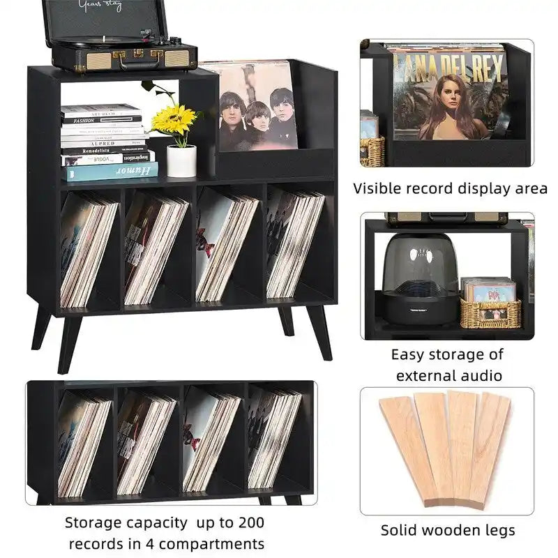 Meuble tourne-disque avec rangement pour vinyles en noir / noyer / marron / blanc / bois naturel – Simple