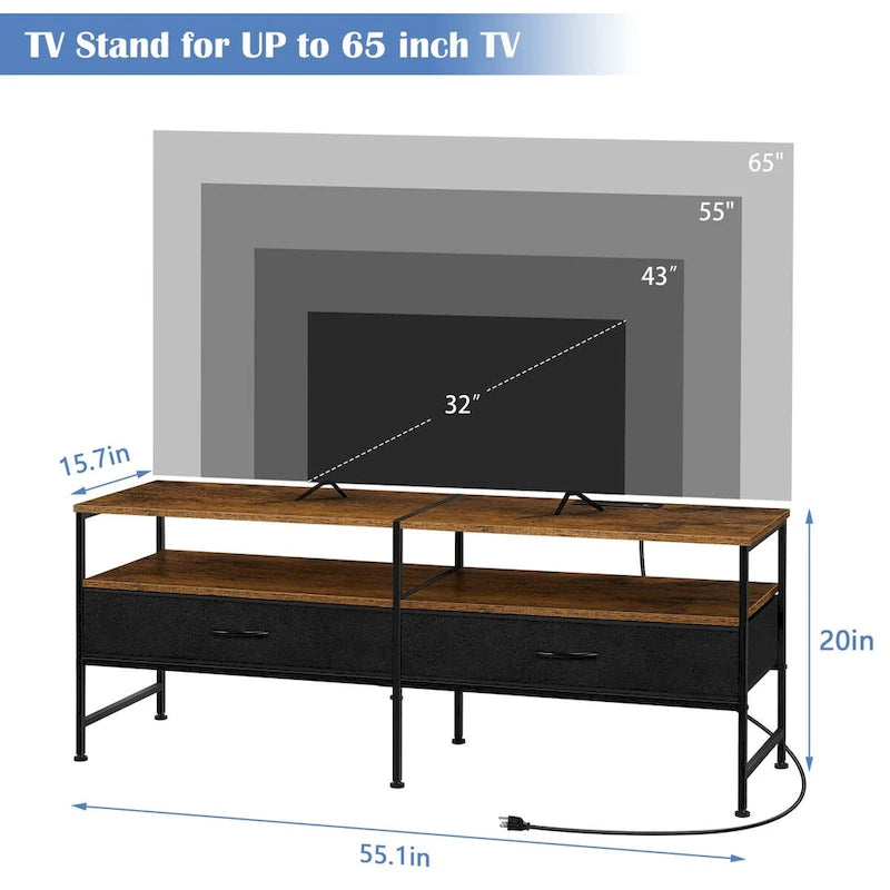 Meuble TV marron/noir/gris avec prises de courant, tiroirs et étagères ouvertes – Convient jusqu'à 65"
